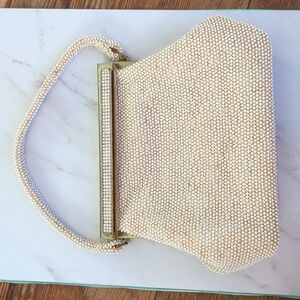 Vintage 1960s lumured petite bead white pearl gold clutch purse